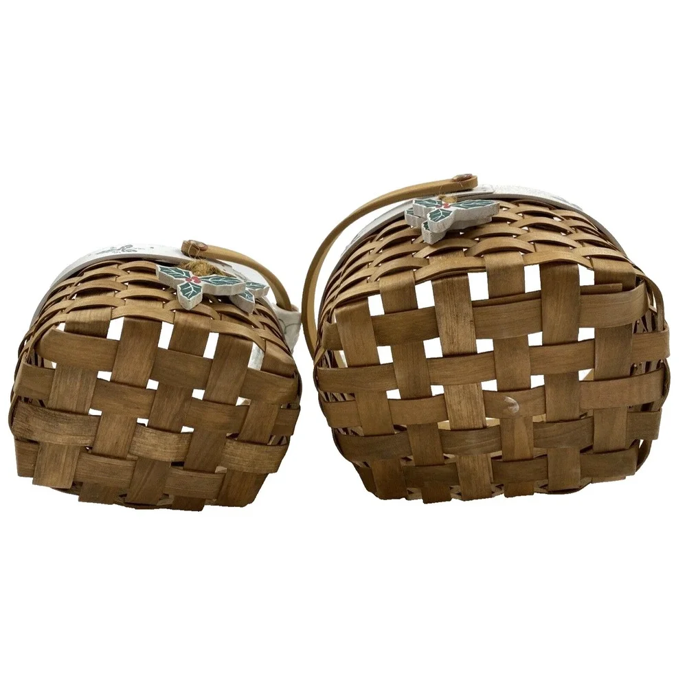 Wooden Woven Holiday Christmas Oval Baskets Porcelain Handle & Holly Leaves NEW